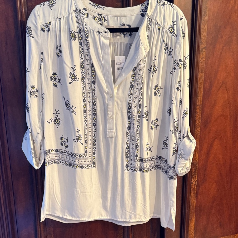 LOFT Ivory and Navy Floral Blouse